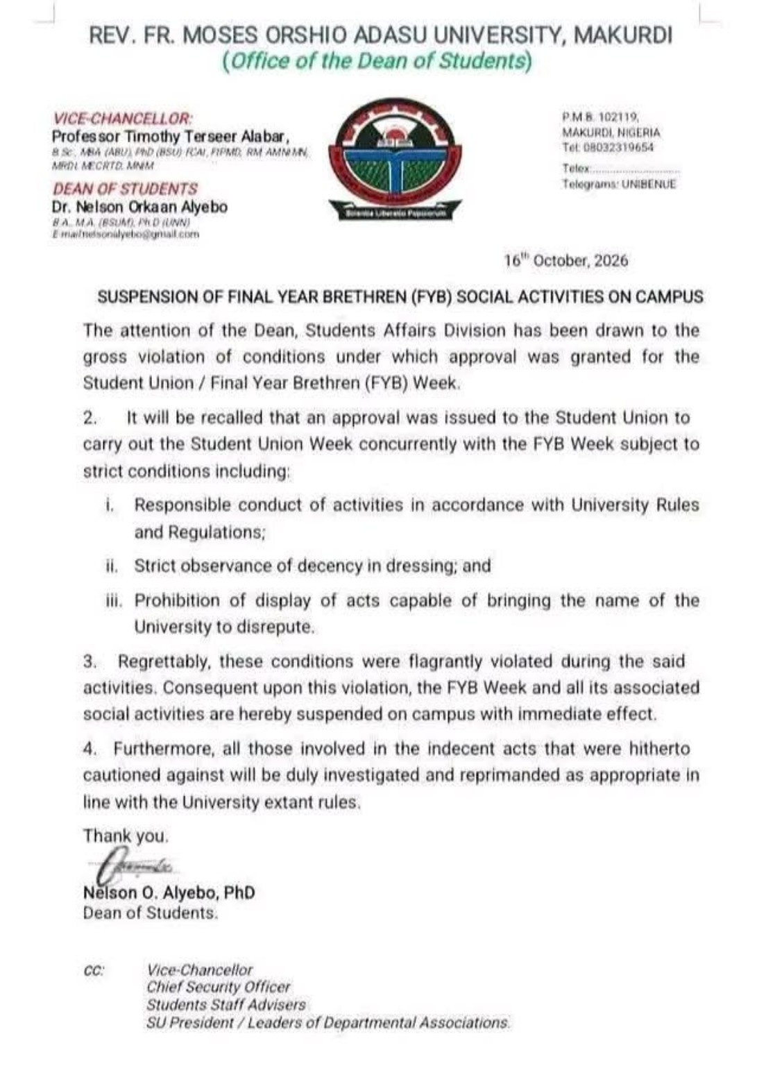 Adasu University Suspends FYB Activities Over Indecent Conduct